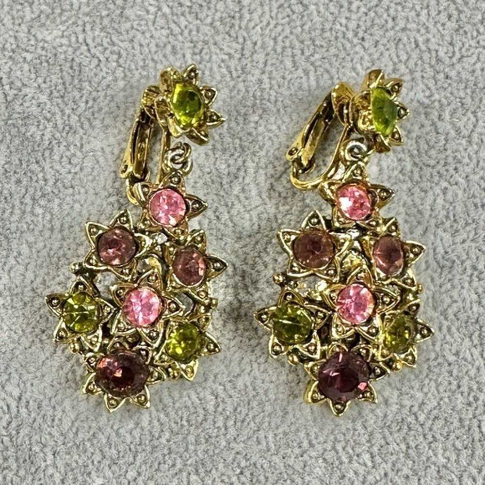 Vintage Gold Tone Pink Green Purple Rhinestone Da… - image 1