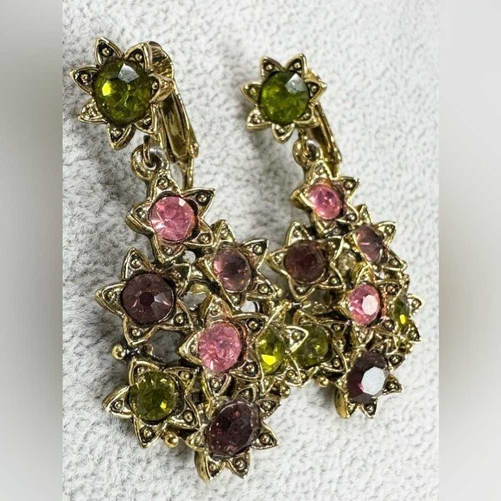 Vintage Gold Tone Pink Green Purple Rhinestone Da… - image 2