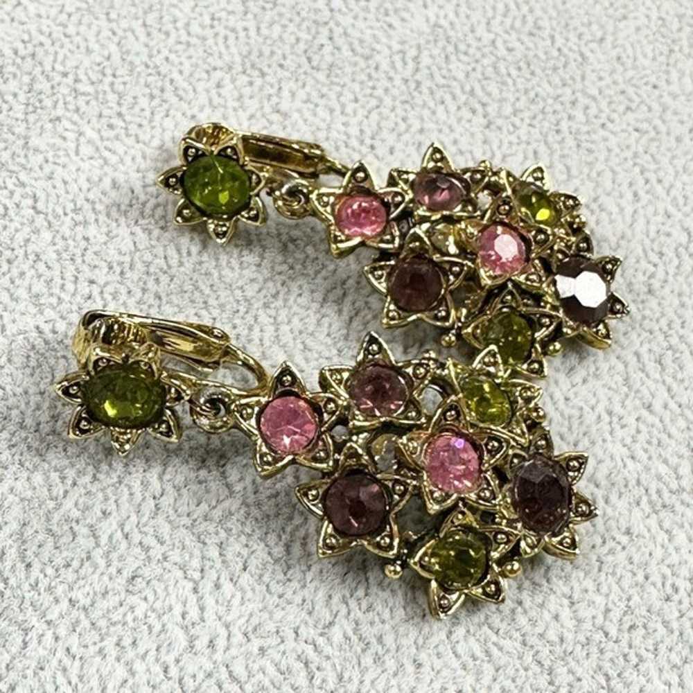 Vintage Gold Tone Pink Green Purple Rhinestone Da… - image 3