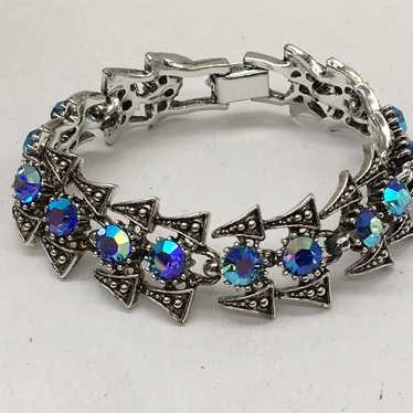 Vintage Silver tone blue borealis rhinestone brac… - image 1