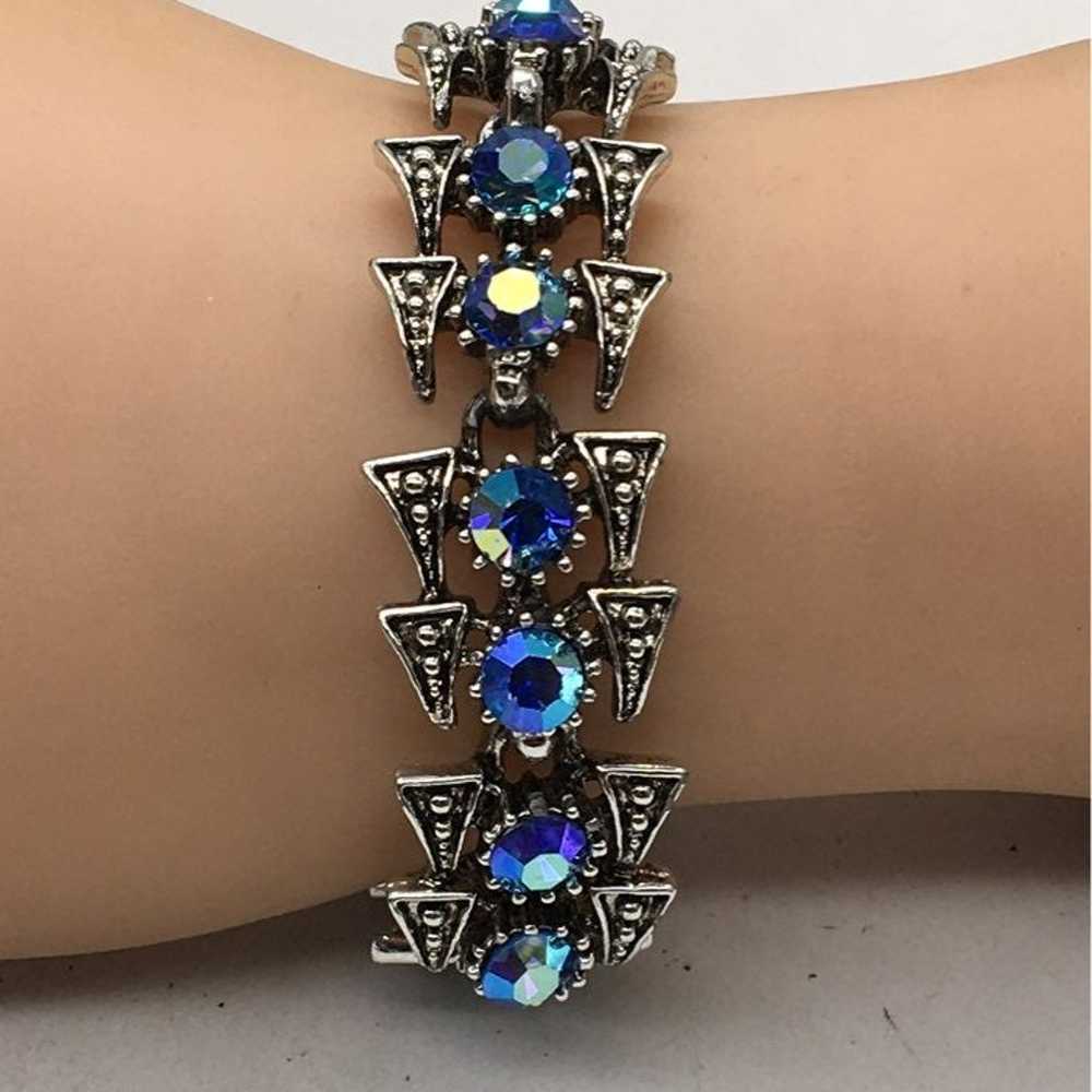 Vintage Silver tone blue borealis rhinestone brac… - image 2