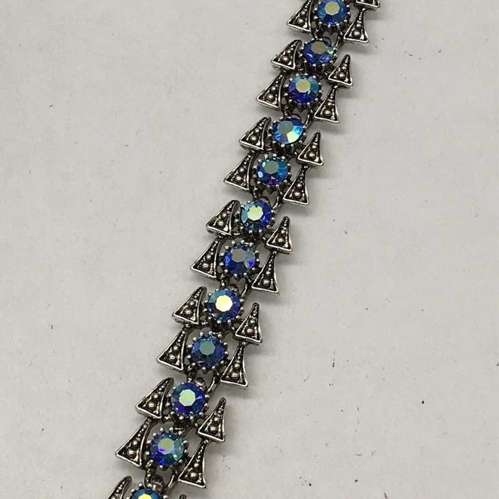 Vintage Silver tone blue borealis rhinestone brac… - image 3