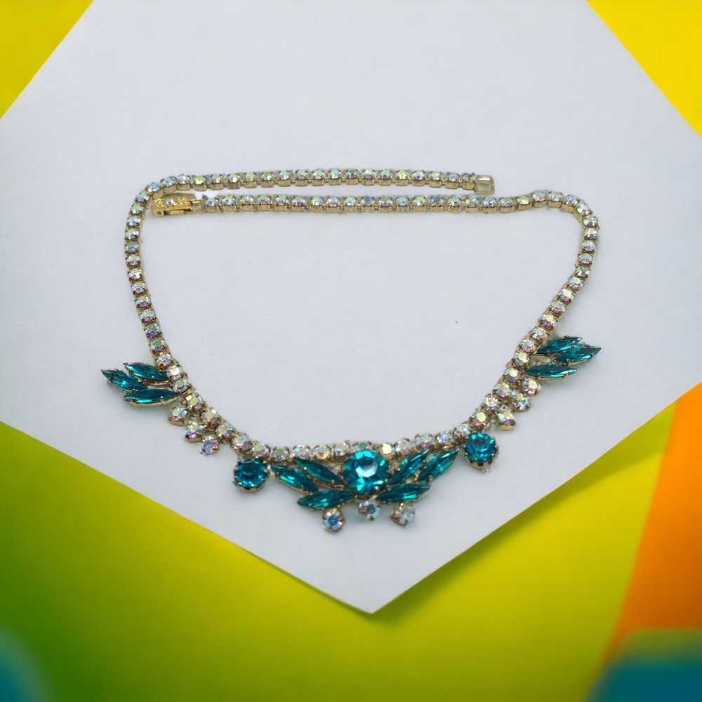 Vintage green and clear rhinestones necklace 16” … - image 9