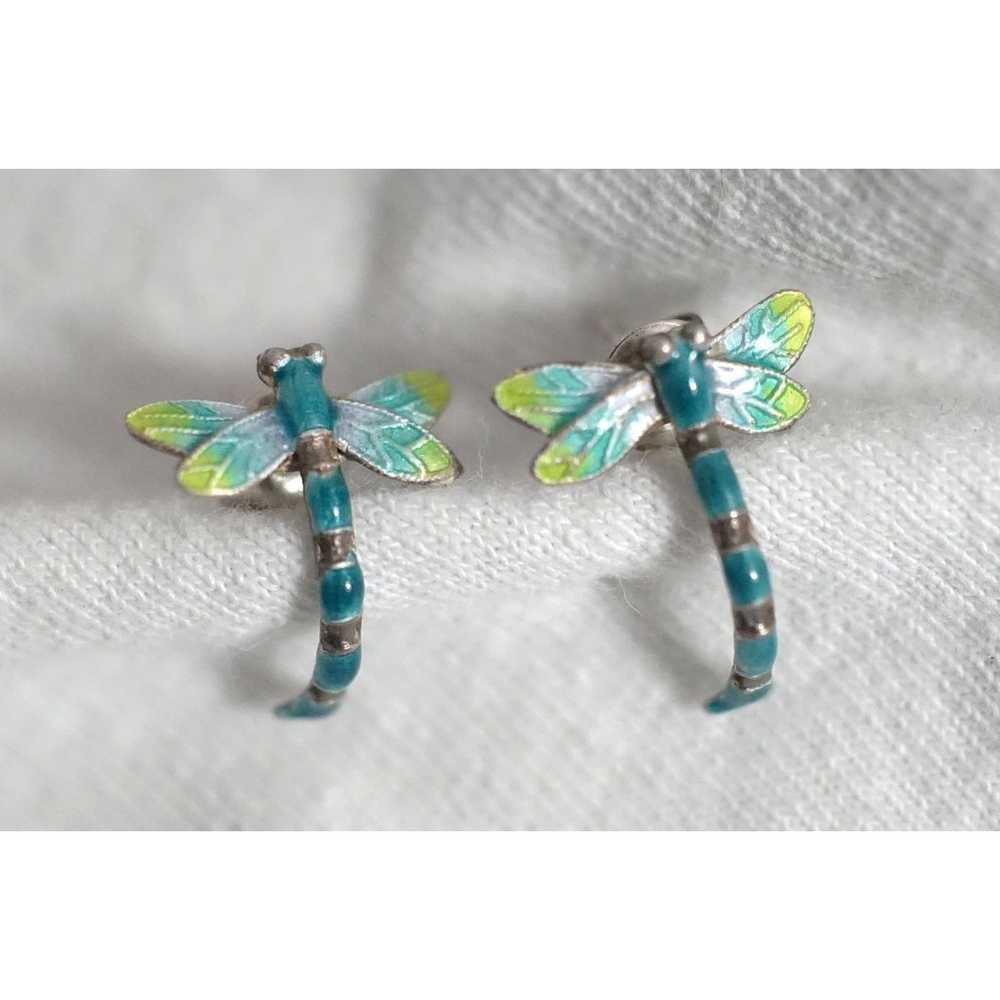 Sterling Enamel Dragonfly Vintage Earrings - image 1