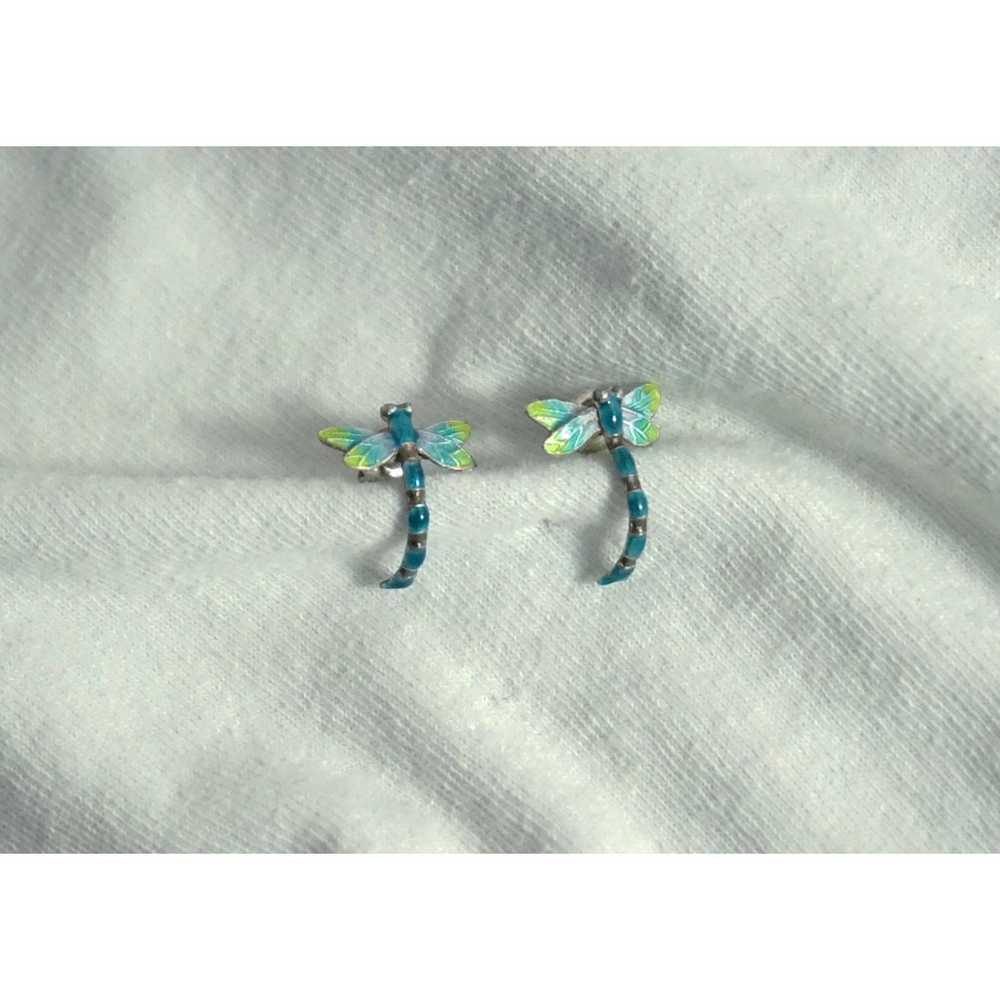 Sterling Enamel Dragonfly Vintage Earrings - image 2