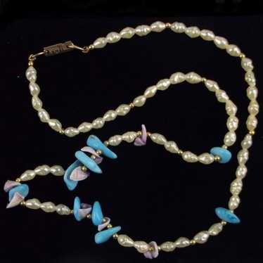 Vintage HOBE Turquoise Faux Pearl Necklace 18" - image 1