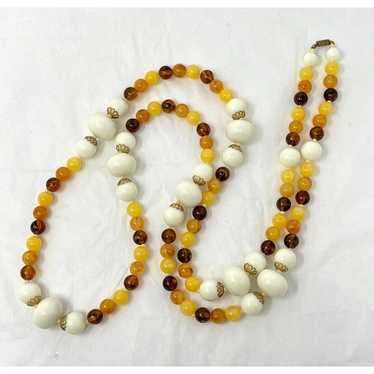 VTG Estate Statement Necklace 46" White Amber But… - image 1