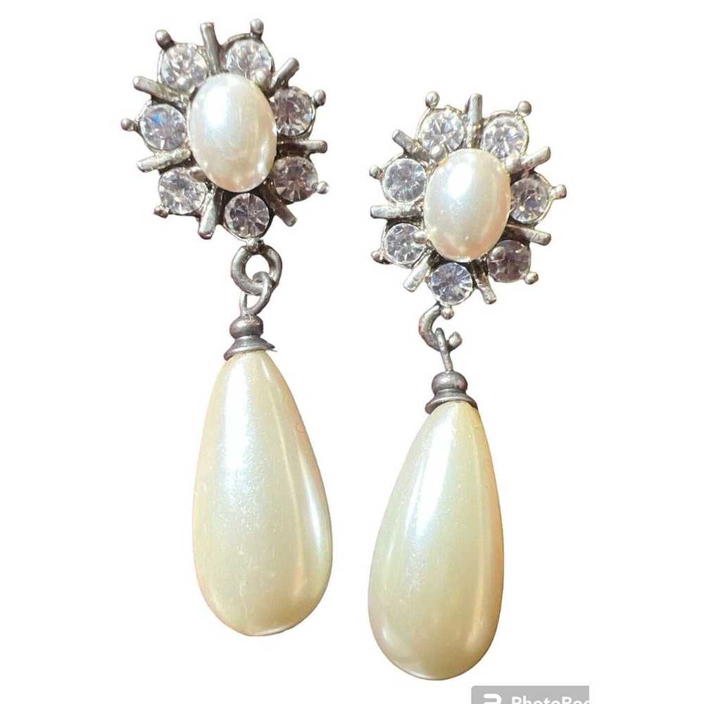 VTG Faux Pearl And Diamond Earrings - image 3