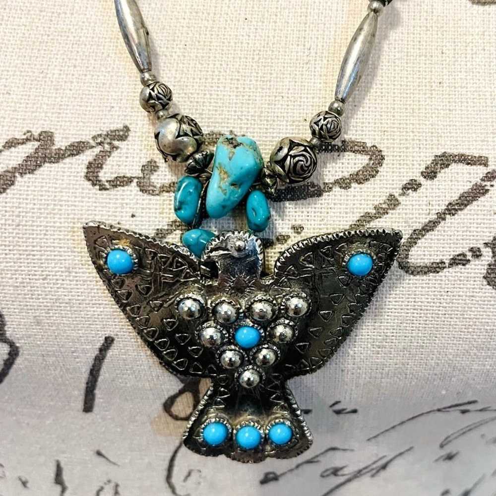 Vintage Native American Statement Silver Turquois… - image 2