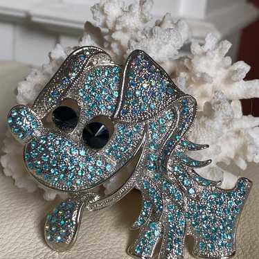 Vintage Blue Swarovski Crystal Puppy Dog Pin Broo… - image 1