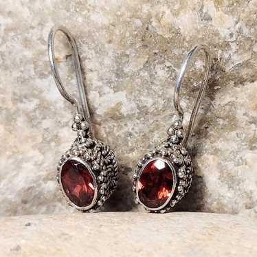 Garnet Oval .925 Sterling Silver Bali Frame Earri… - image 1