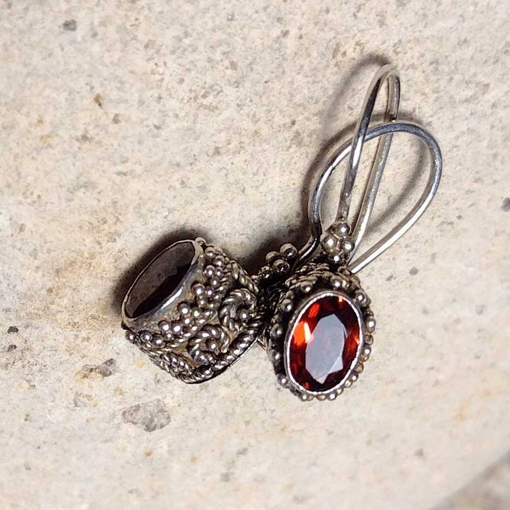 Garnet Oval .925 Sterling Silver Bali Frame Earri… - image 2