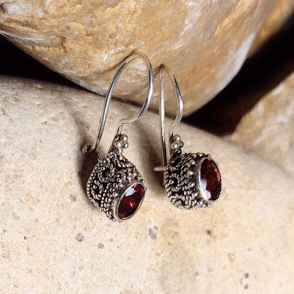 Garnet Oval .925 Sterling Silver Bali Frame Earri… - image 7