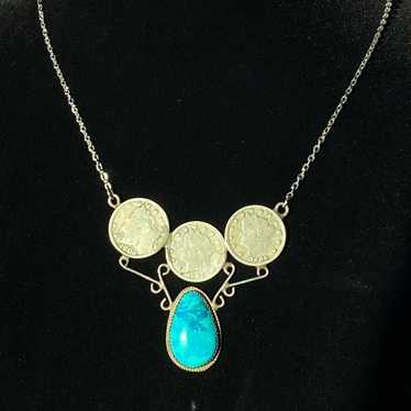 Antique Vintage Mix Metal Coin Turquoise Stone Ne… - image 1