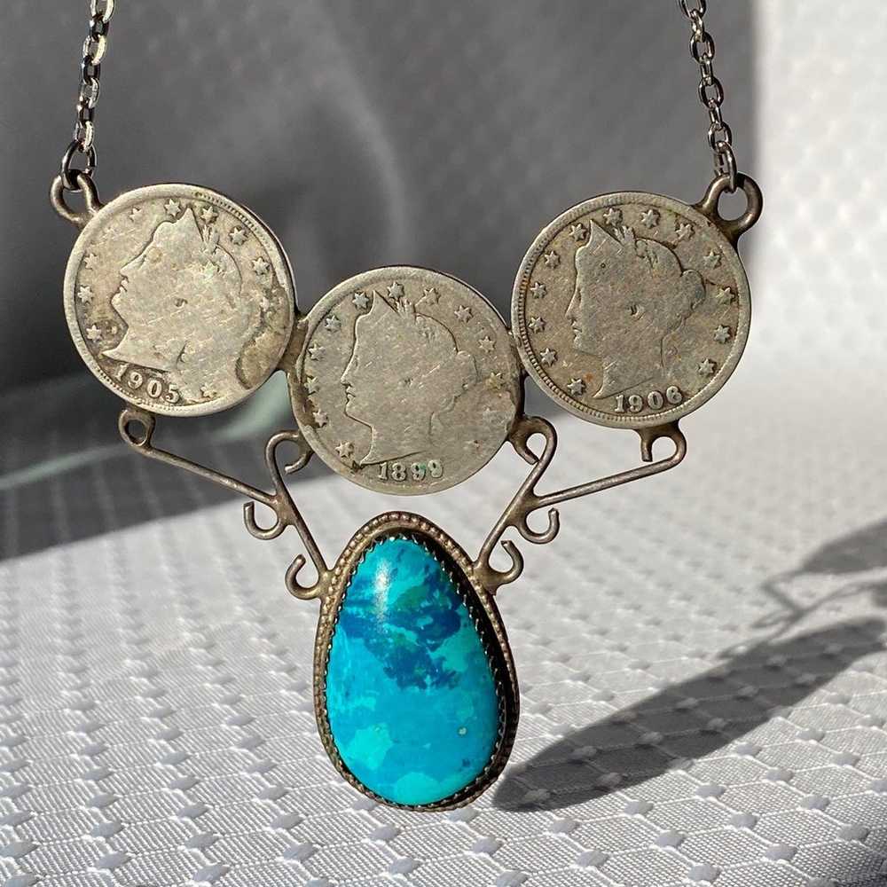 Antique Vintage Mix Metal Coin Turquoise Stone Ne… - image 4