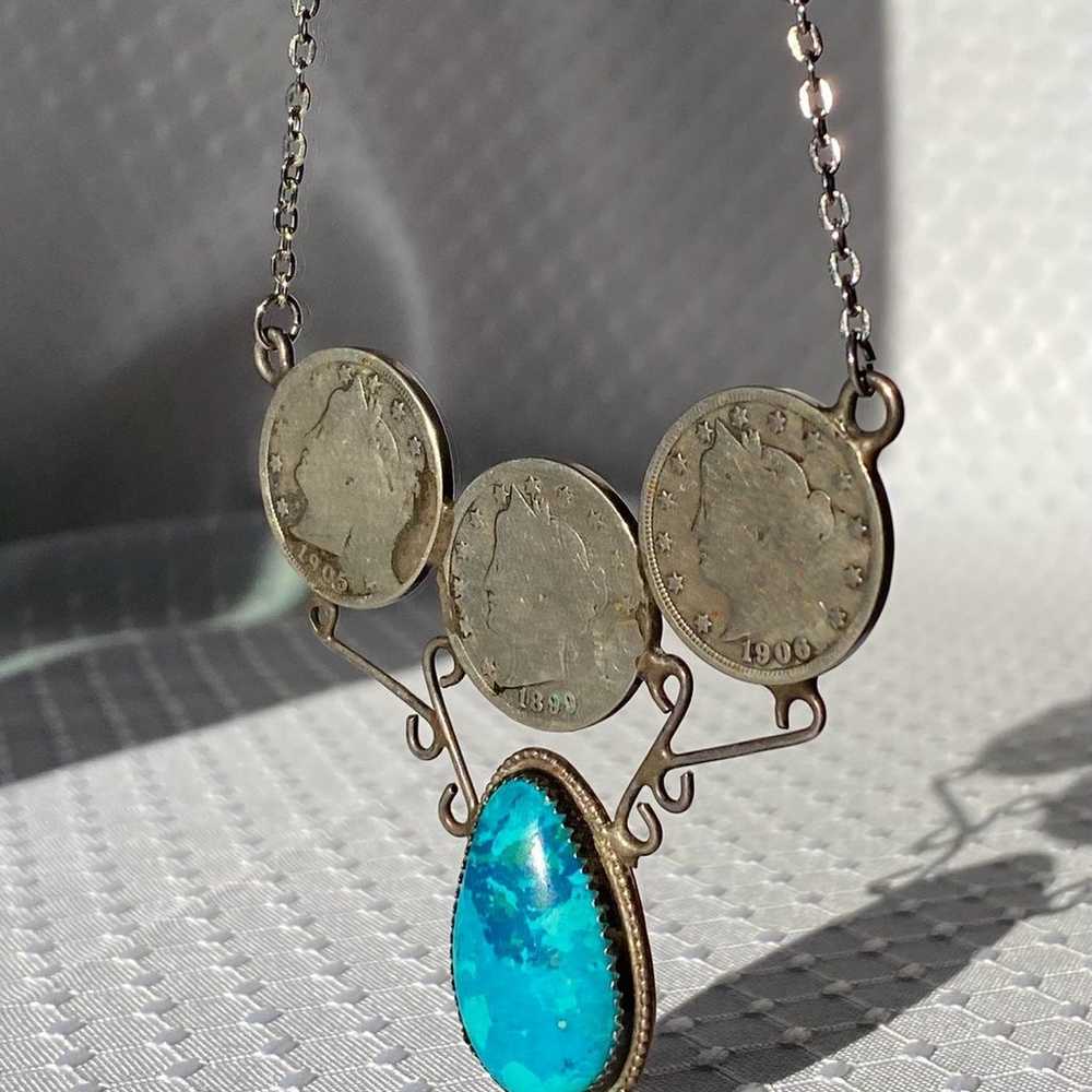 Antique Vintage Mix Metal Coin Turquoise Stone Ne… - image 5