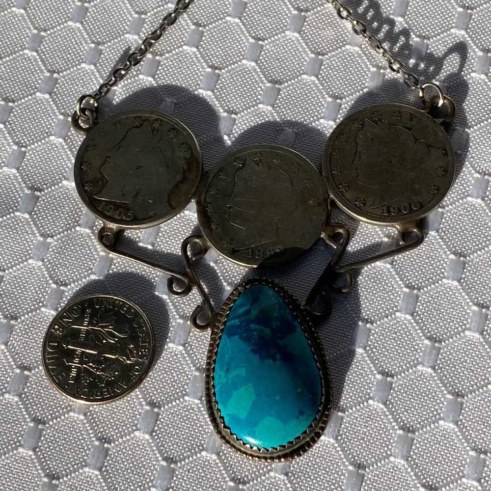 Antique Vintage Mix Metal Coin Turquoise Stone Ne… - image 7