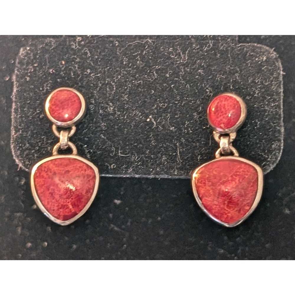 Vintage 925 Sterling Silver Inlay Red Coral Dangl… - image 1