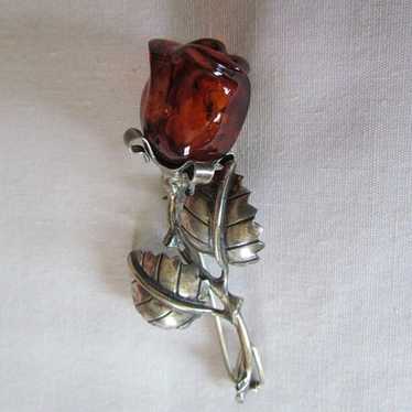 VINTAGE .925 SILVER & BALTIC AMBER ROSE PIN BROOCH - image 1