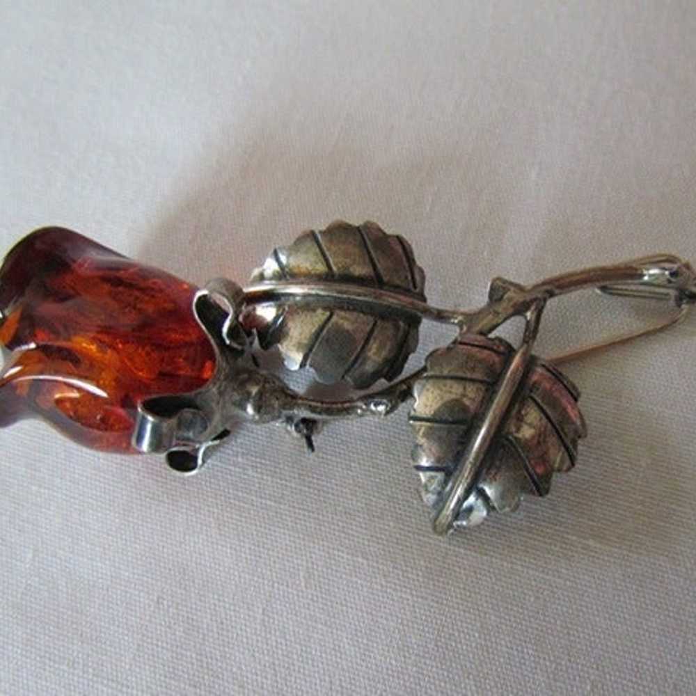 VINTAGE .925 SILVER & BALTIC AMBER ROSE PIN BROOCH - image 2