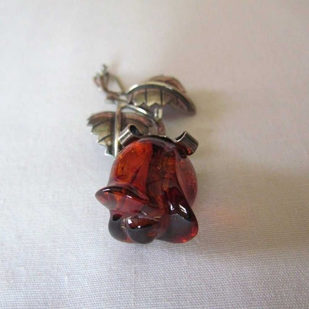 VINTAGE .925 SILVER & BALTIC AMBER ROSE PIN BROOCH - image 3