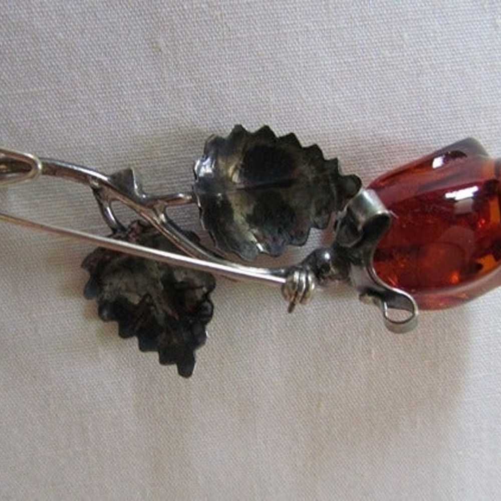 VINTAGE .925 SILVER & BALTIC AMBER ROSE PIN BROOCH - image 4