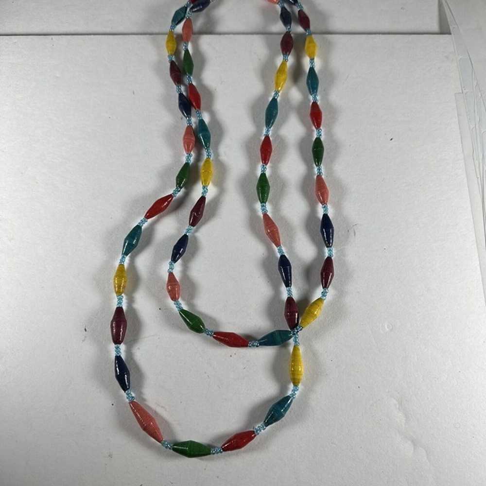 vintage Long Multicolor Paper Beaded Necklace - image 1