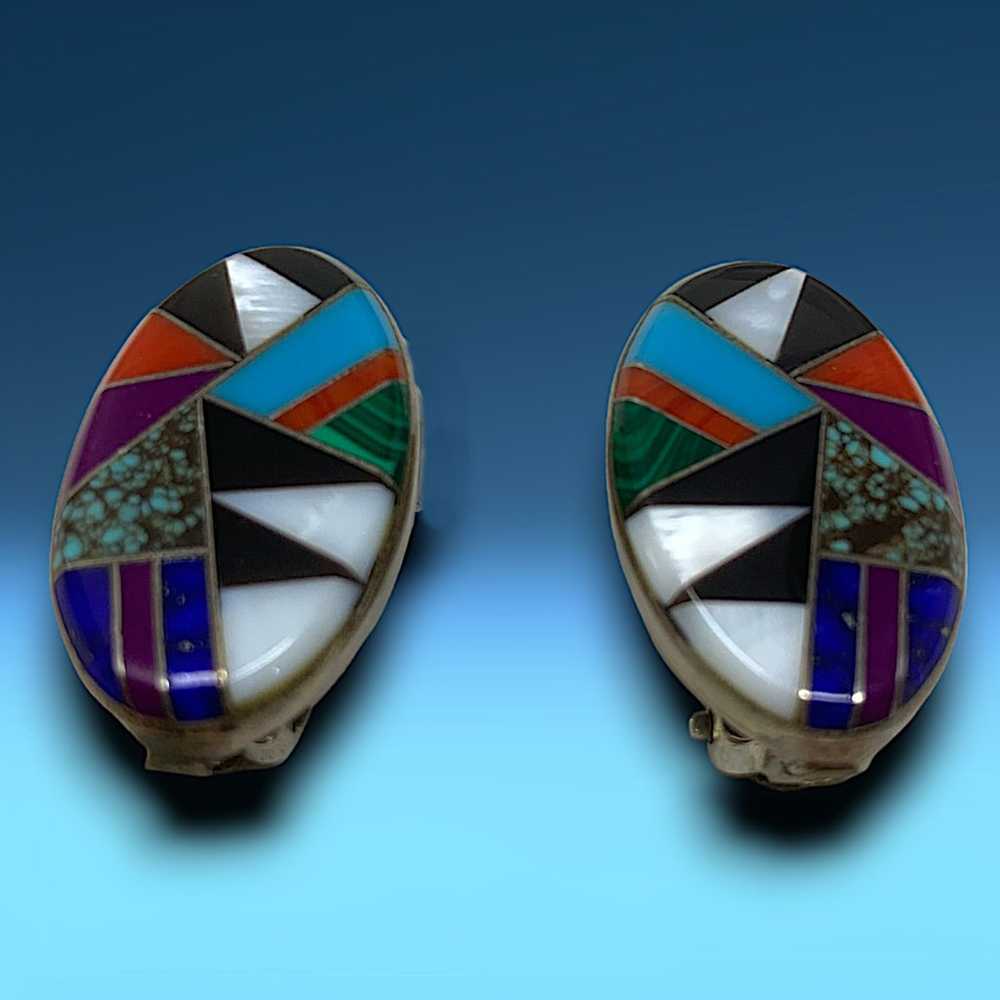 Vintage Southwestern Multistone Inlaid Mosaic Ear… - image 1