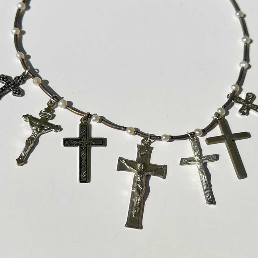 Vintage stainless steel silver handmade cross cha… - image 2