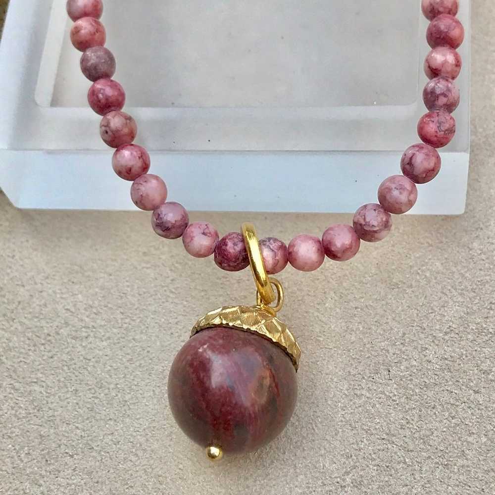 Vintage Carnelian Acorn Gold Tone Pendant Pink Ag… - image 2