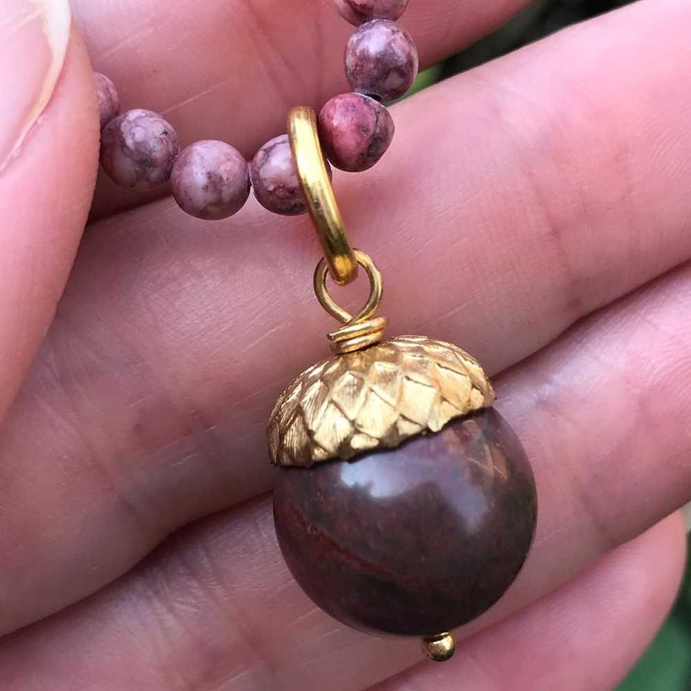 Vintage Carnelian Acorn Gold Tone Pendant Pink Ag… - image 5