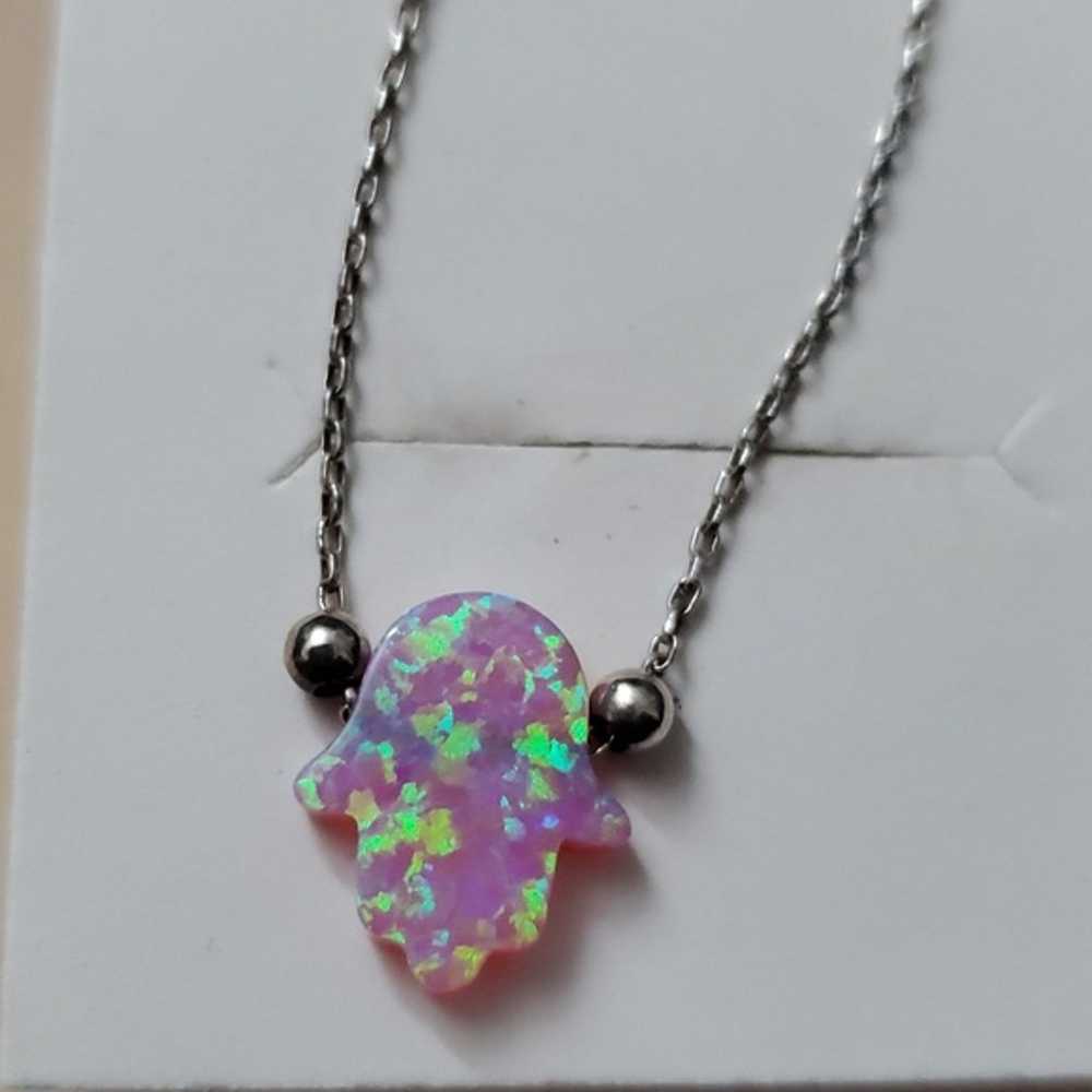 Sterling Silver 925 Pink Opal Hamsa Pendant Neckl… - image 2