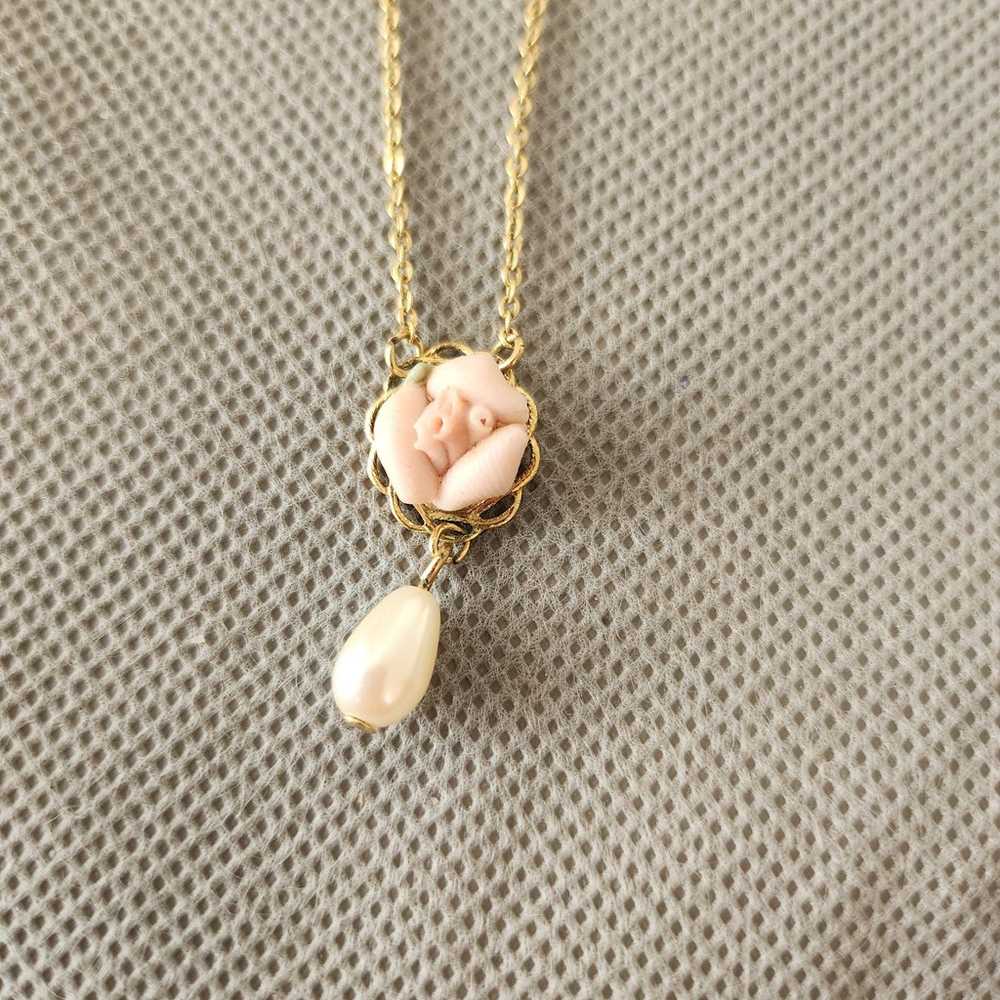 1928 Brand 90s Gold & Porcelain Pink Rose Necklac… - image 6