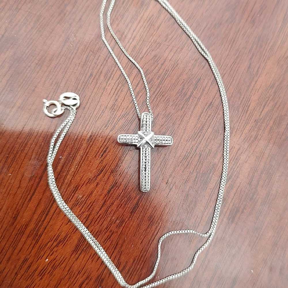 Vintage JTW Sterling Silver & Diamonds Cross Pend… - image 2