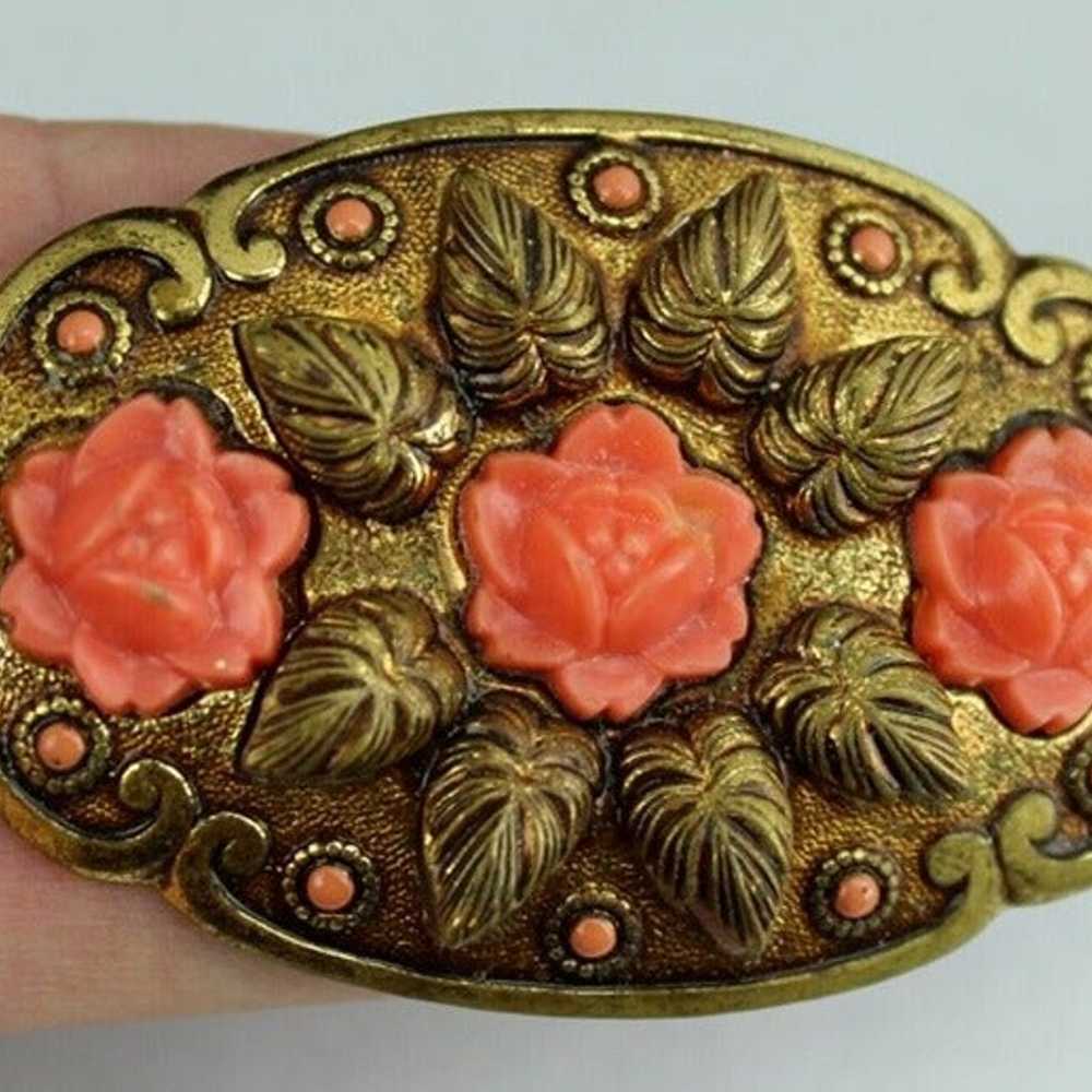 antique brass brooch CORAL pink flowers old vinta… - image 1