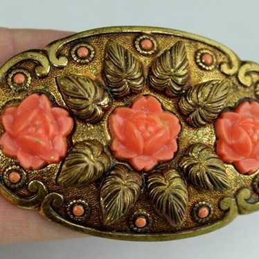 antique brass brooch CORAL pink flowers old vinta… - image 1