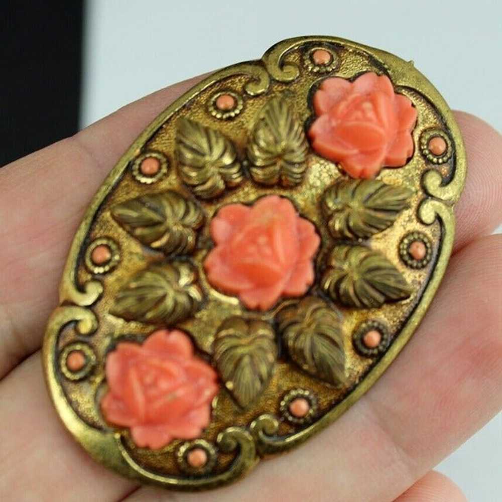 antique brass brooch CORAL pink flowers old vinta… - image 2