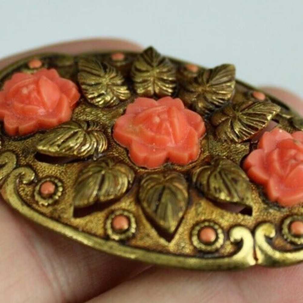 antique brass brooch CORAL pink flowers old vinta… - image 3