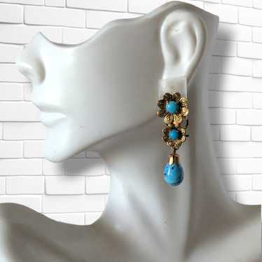 Vintage Gold Tone Flowers & Dangling Turquoise Te… - image 1