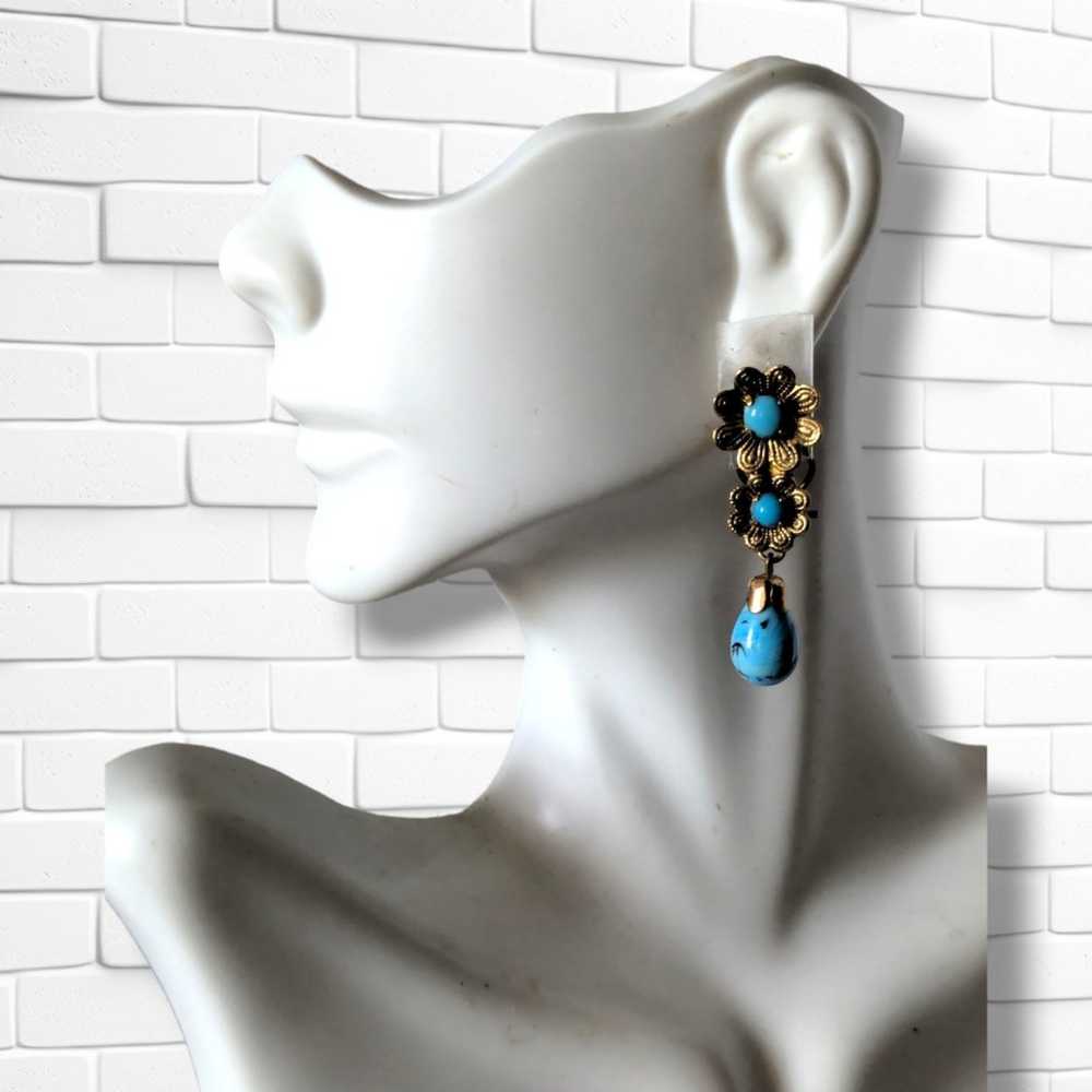 Vintage Gold Tone Flowers & Dangling Turquoise Te… - image 2