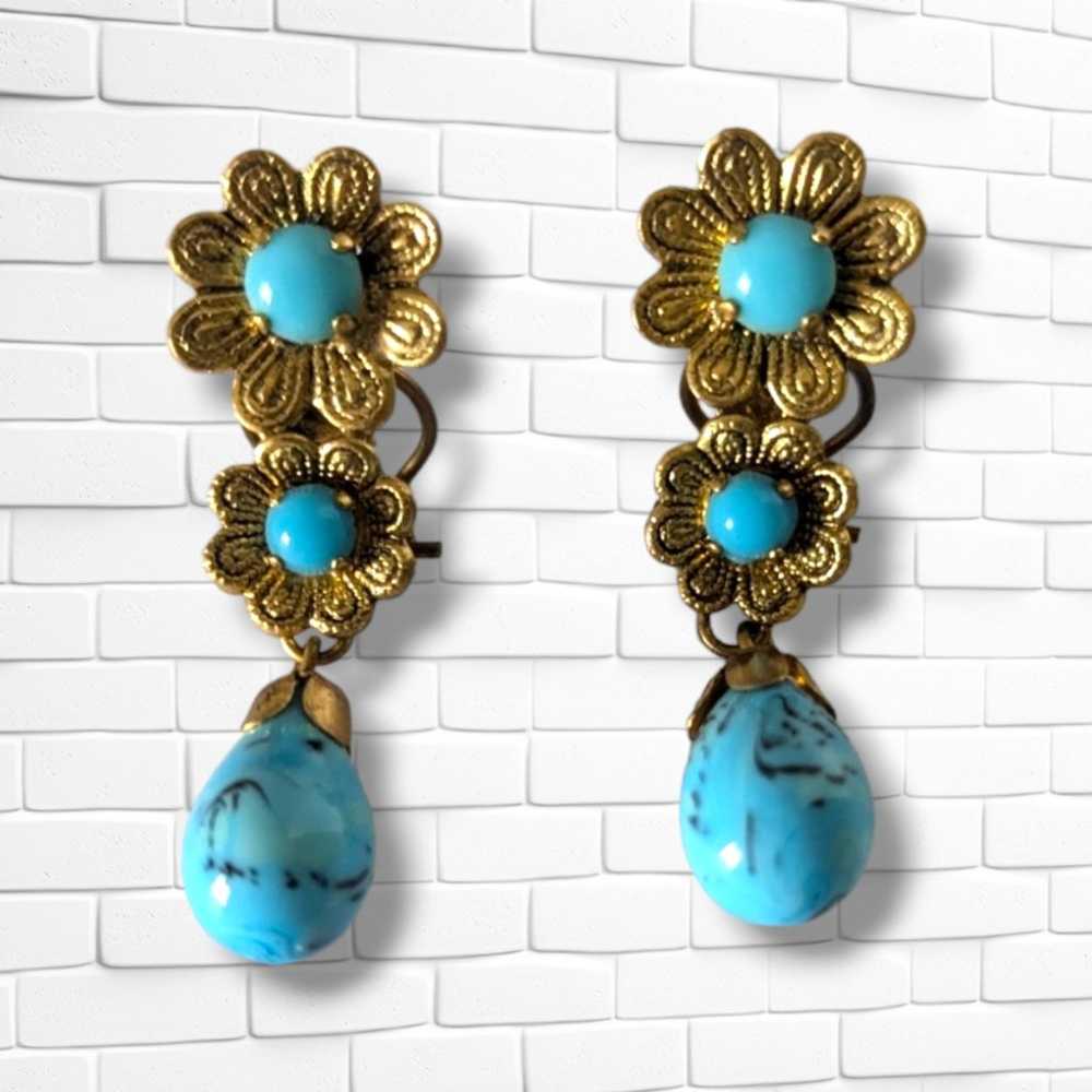 Vintage Gold Tone Flowers & Dangling Turquoise Te… - image 5