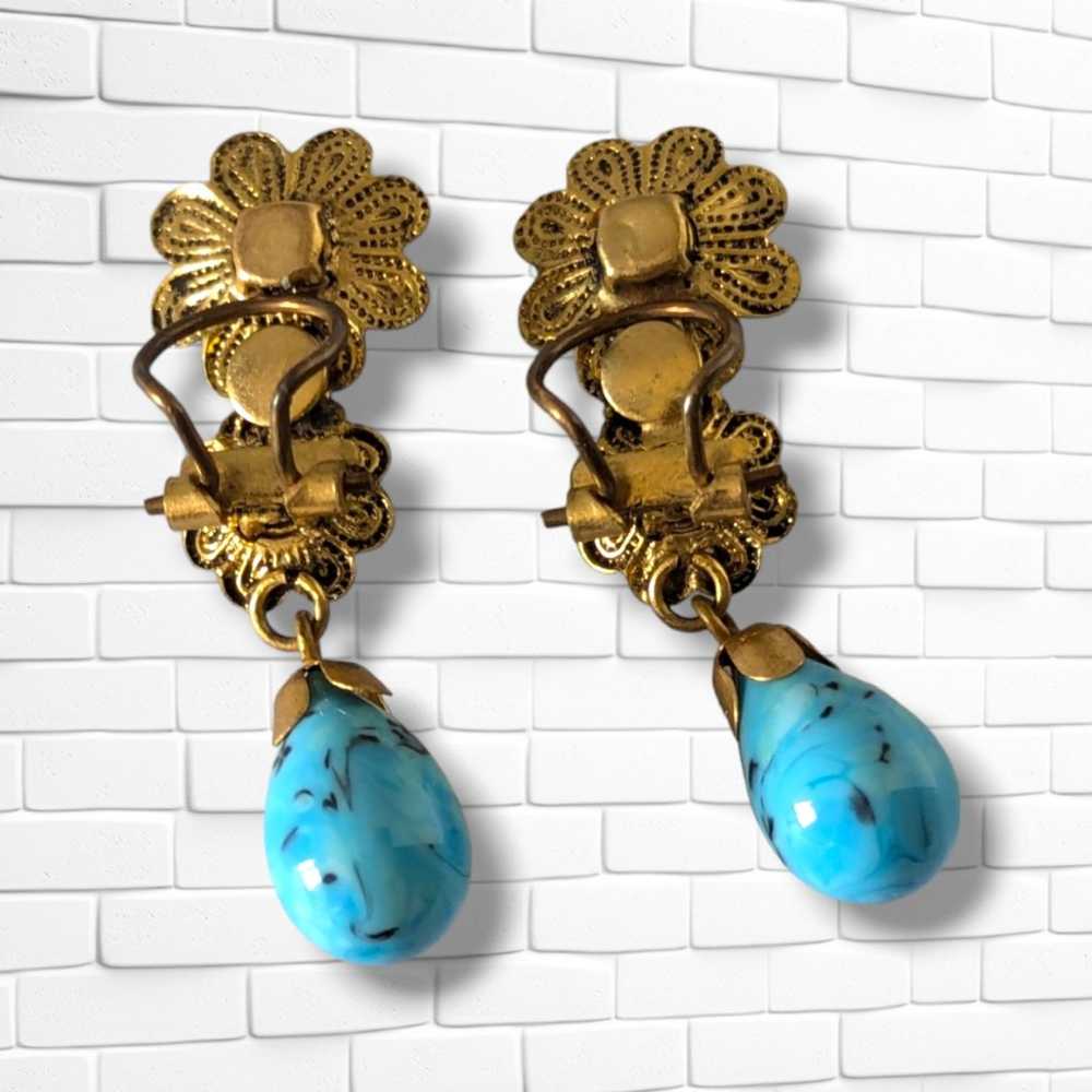 Vintage Gold Tone Flowers & Dangling Turquoise Te… - image 7