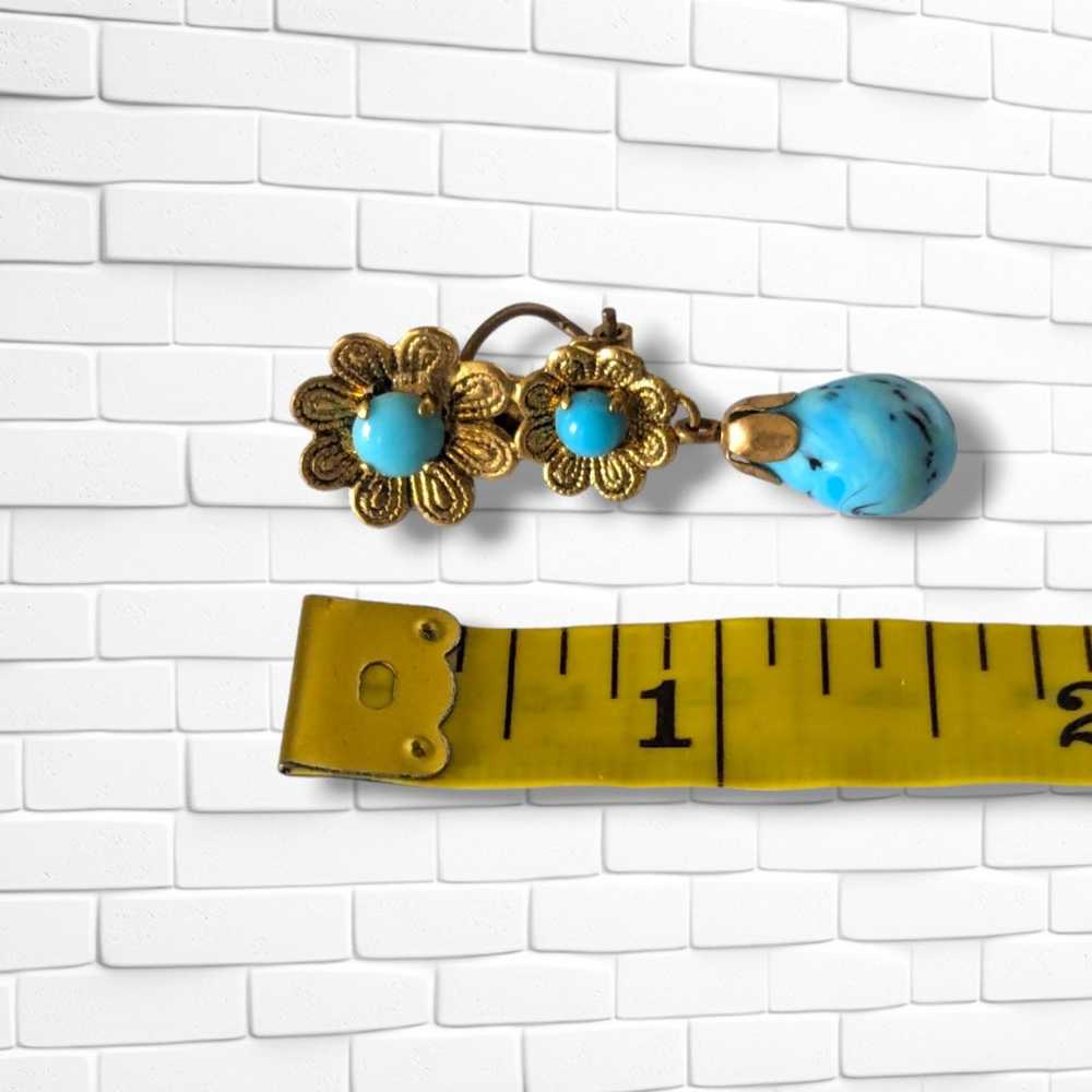 Vintage Gold Tone Flowers & Dangling Turquoise Te… - image 8