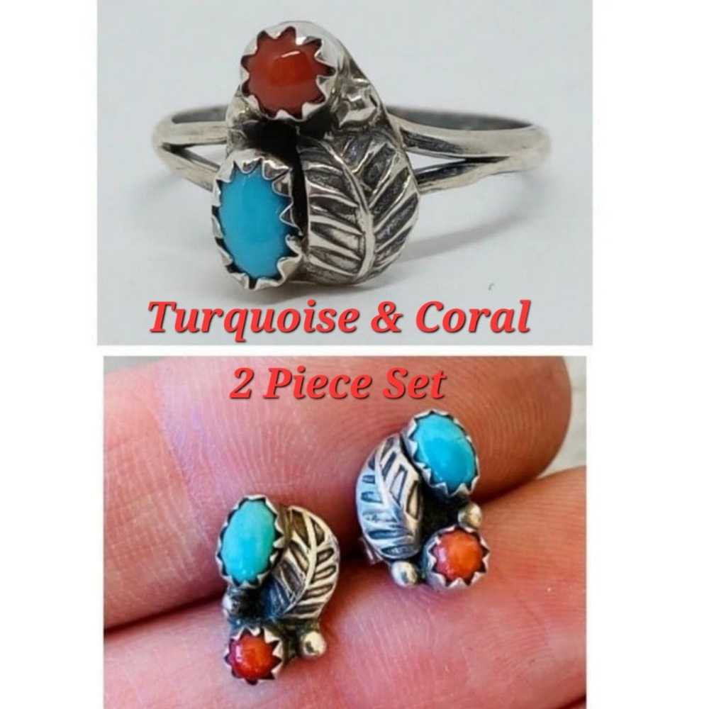 ❤️Handmade Genuine Turquoise and Red Coral Ring &… - image 1