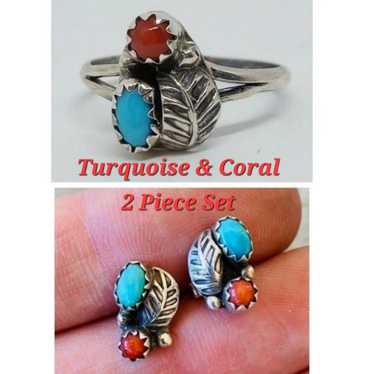 ❤️Handmade Genuine Turquoise and Red Coral Ring &… - image 1