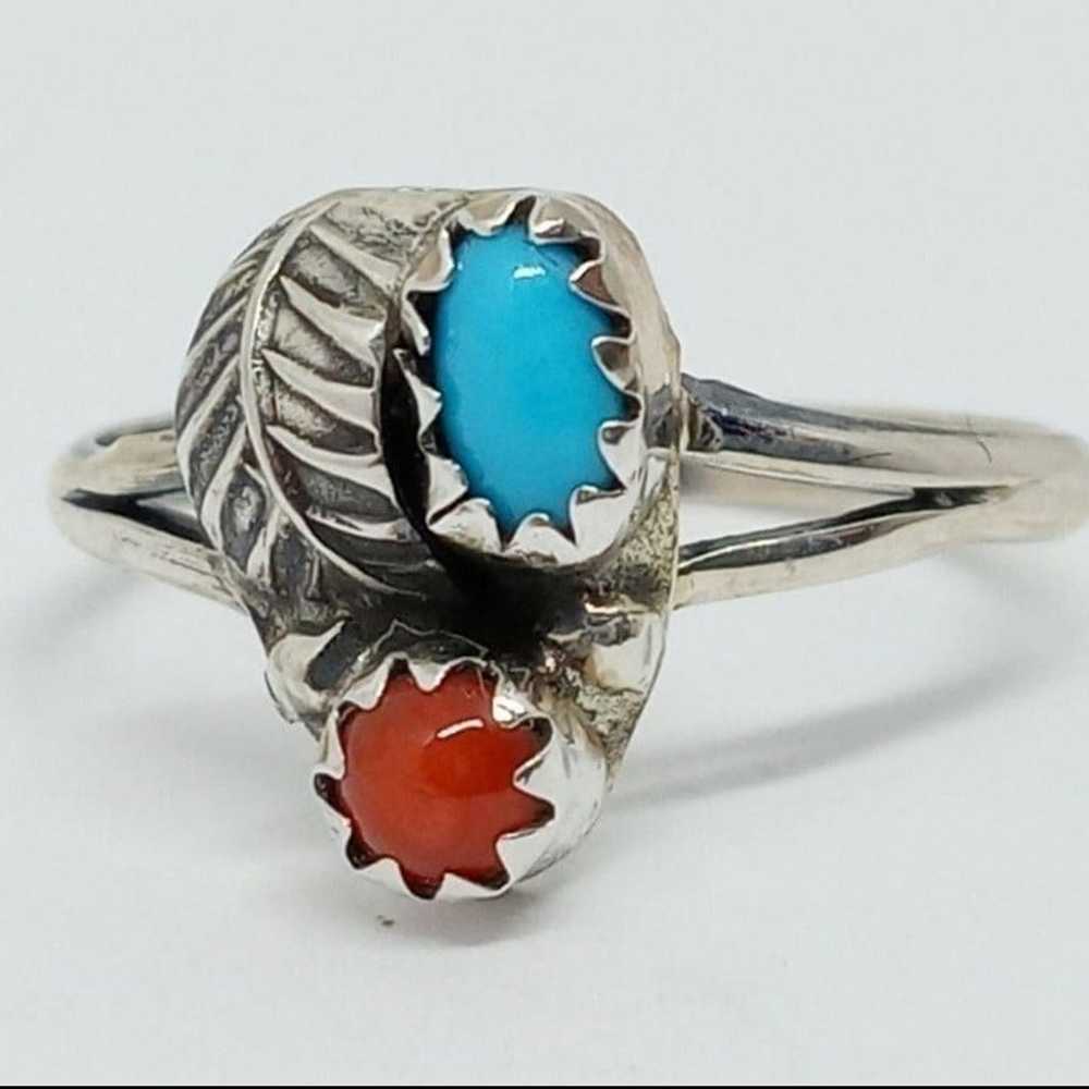 ❤️Handmade Genuine Turquoise and Red Coral Ring &… - image 2