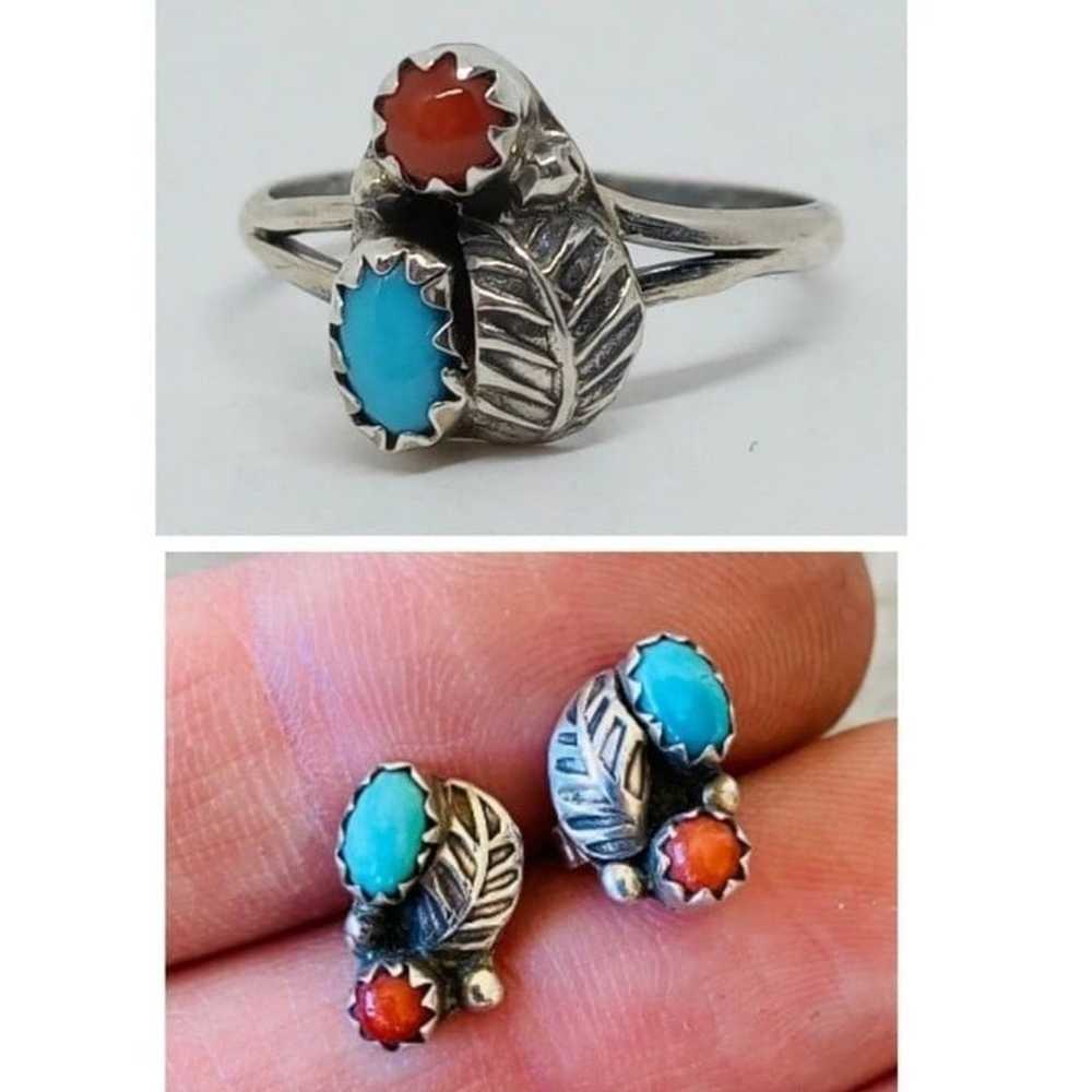 ❤️Handmade Genuine Turquoise and Red Coral Ring &… - image 9