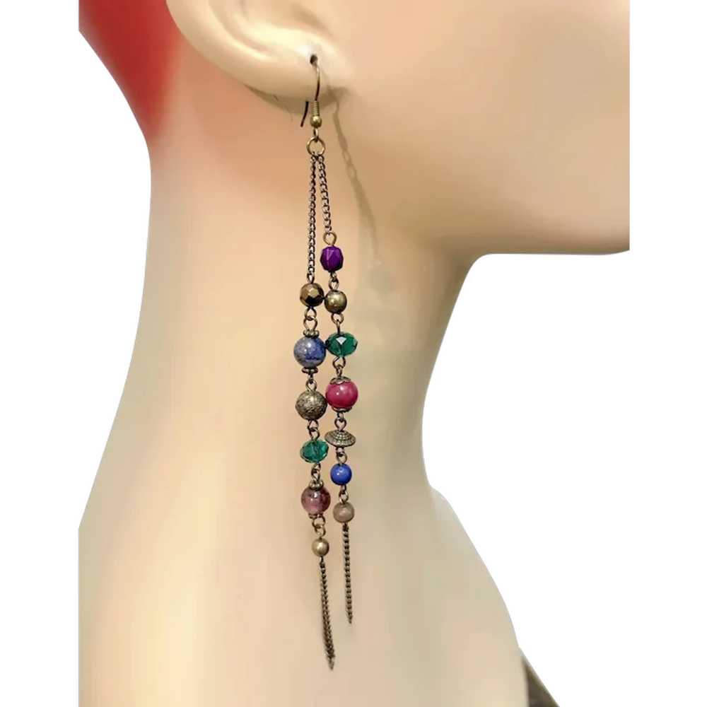 Boho Earrings, 6" Long, Glass Beads, Shoulder Dus… - image 1