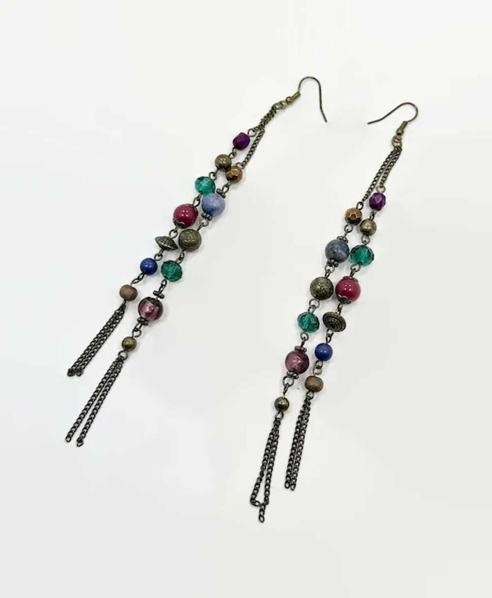 Boho Earrings, 6" Long, Glass Beads, Shoulder Dus… - image 2