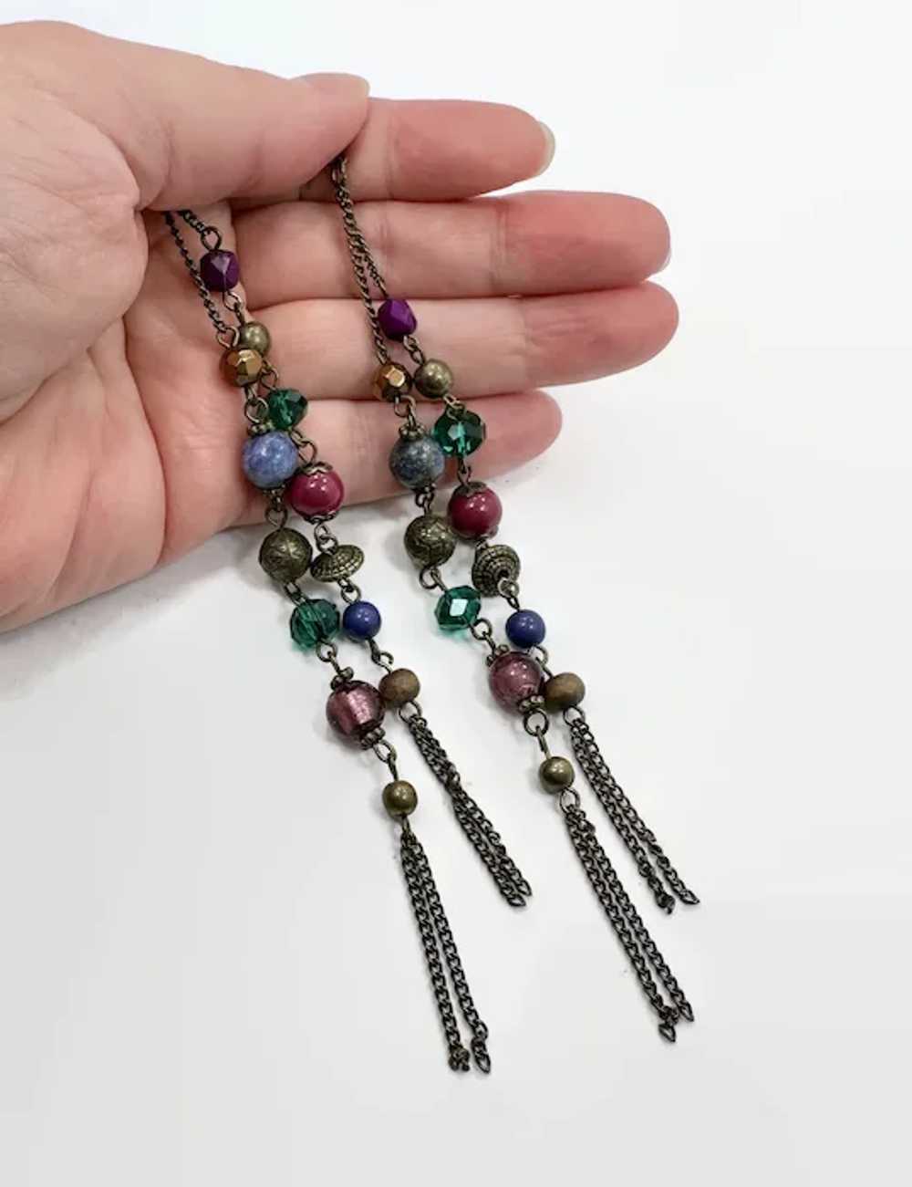 Boho Earrings, 6" Long, Glass Beads, Shoulder Dus… - image 3